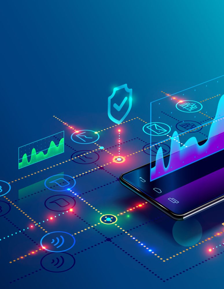 Application of Smartphone with business graph and analytics data on isometric mobile phone. Analysis trends and financial strategy by using infographic chart. Vector concept illustration