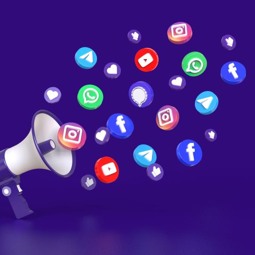 Megaphone with round button social media icons. Social media mar